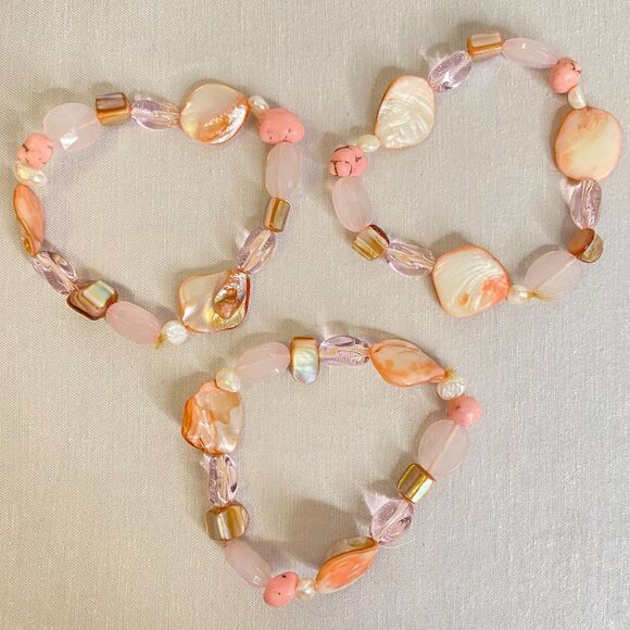 Soft Pink Shells And Stones Stretch Bracelets Set Of Three - Picture 4 of 5